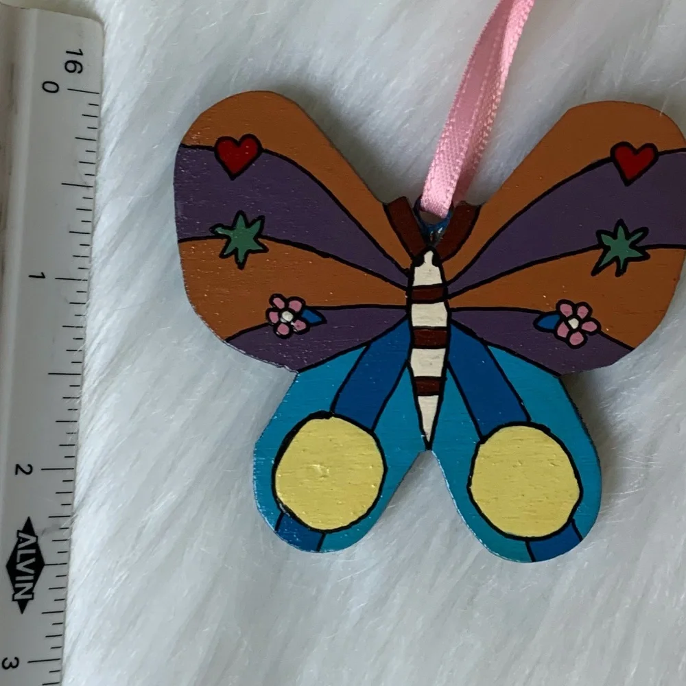 Hand Painted Butterfly Wooden Ornament 3
